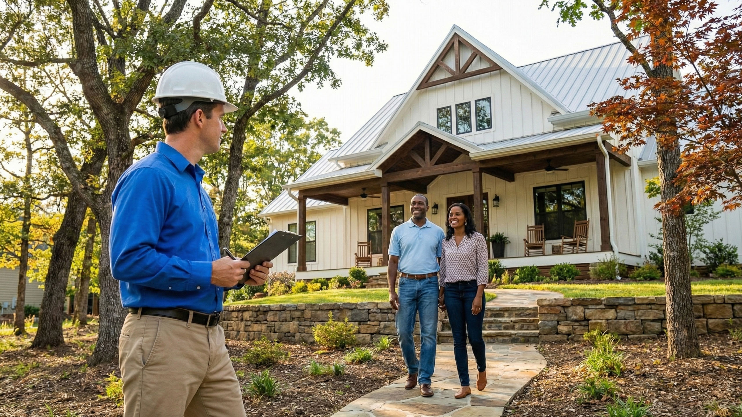 NCLE Home Hero – Residential Inspection – 2560×1440 Residential engineering inspection in North Carolina showing an inspection professional meeting homeowners at a single-family residence to evaluate structural conditions and provide inspection-first guidance